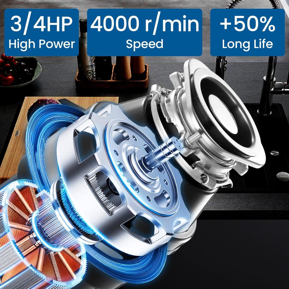 NTUD 3/4 HP Continuous Feed Garbage Disposal With Cord, Anti-Jam & Compact US