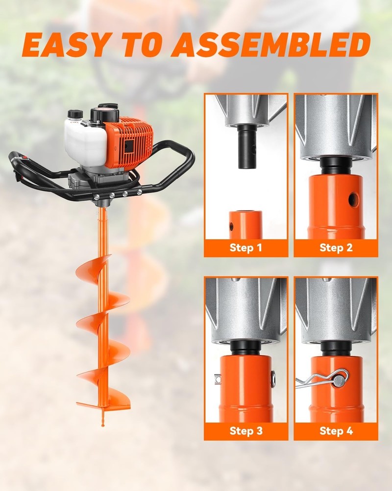 Post Hole Digger 63cc Gas Powered Earth Digger w/ 8" Drill Bits +1 Extension Rod