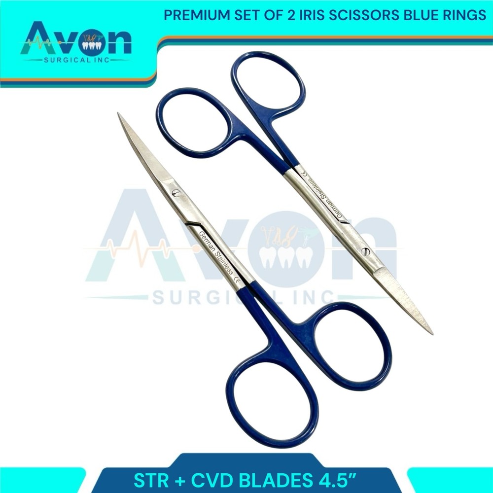 2pcs Premium Dissecting Iris Scissors with Sharp Points, Curved+Straight - 4.5in