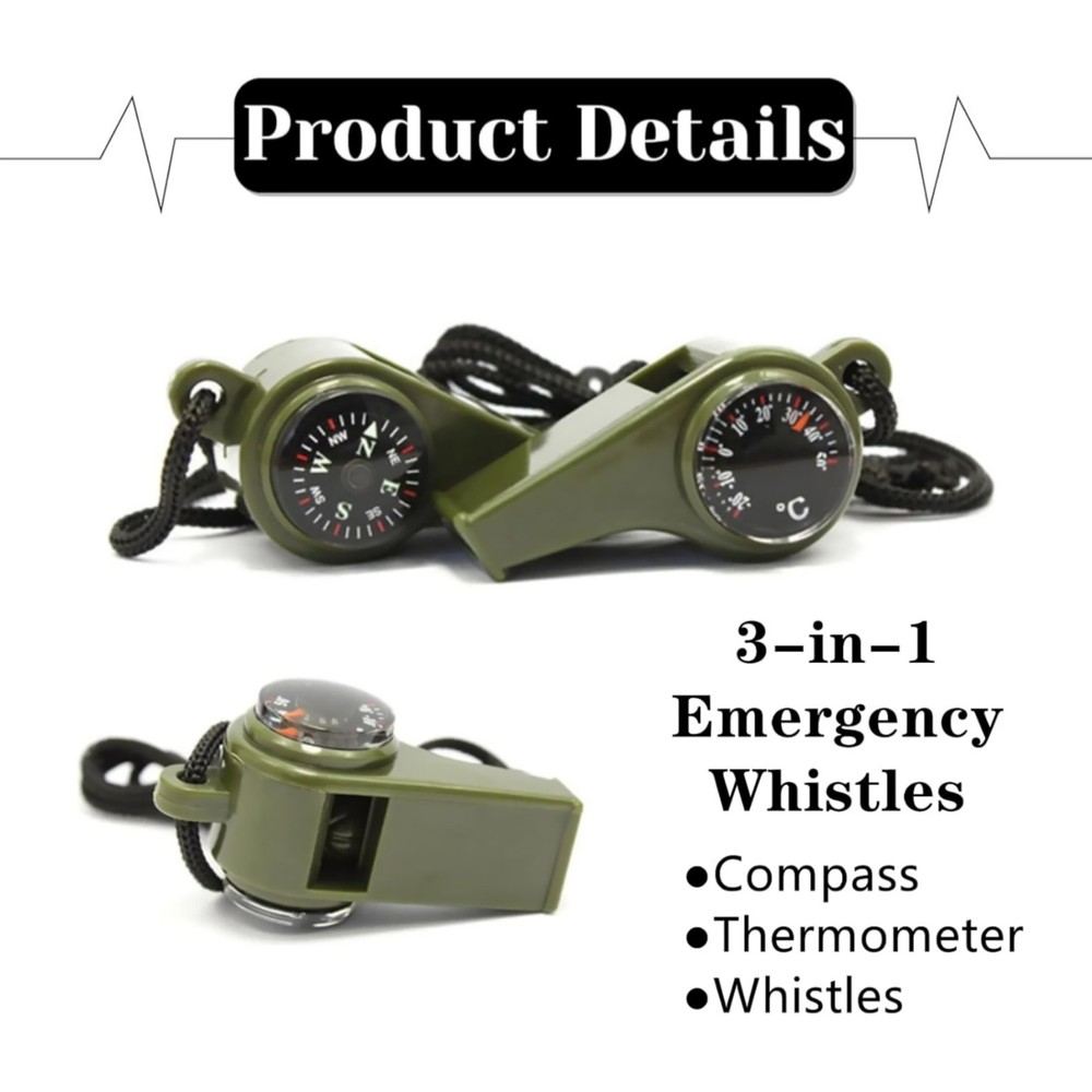 2 Pack Multi-Function Survival Whistle with Compass Thermometer for Hiking