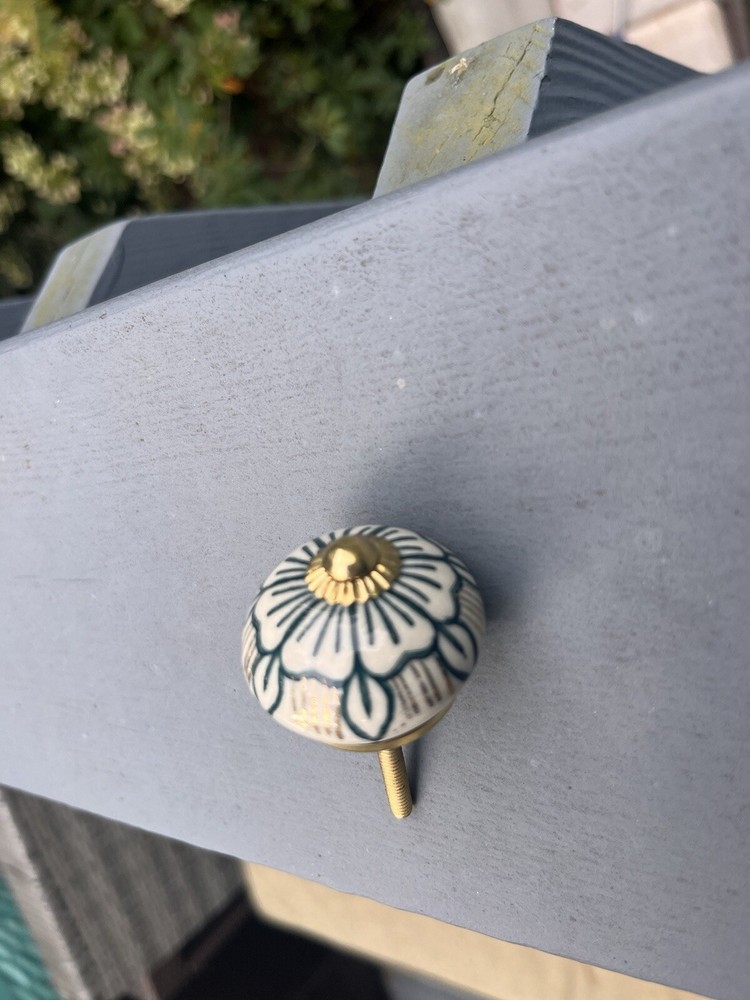 Ceramic Floral Drawer Pulls 3 Navy White Brass 2 Inches
