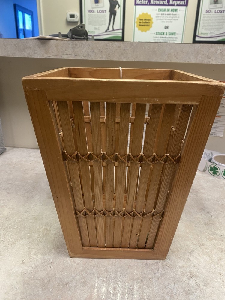 Vintage Bamboo Rectangular Wastebasket Handmade Brown Indoor Non-Lidded