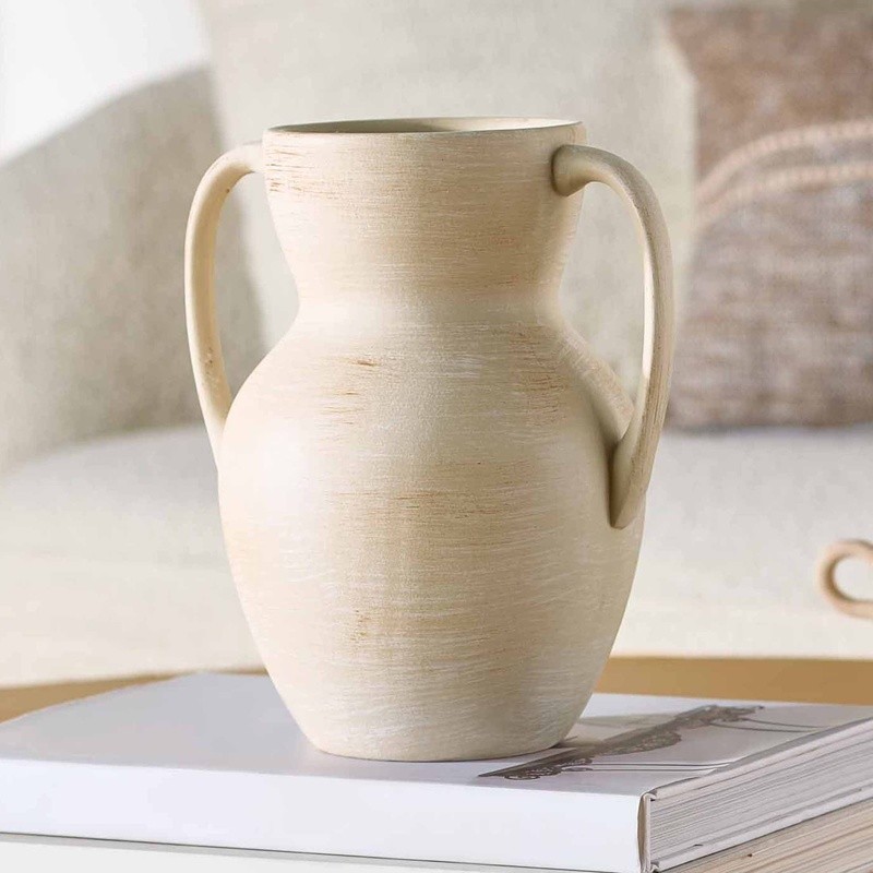 Ceramic Distressed Vase W/ Two Handles Decorative Stoneware Home Accent New