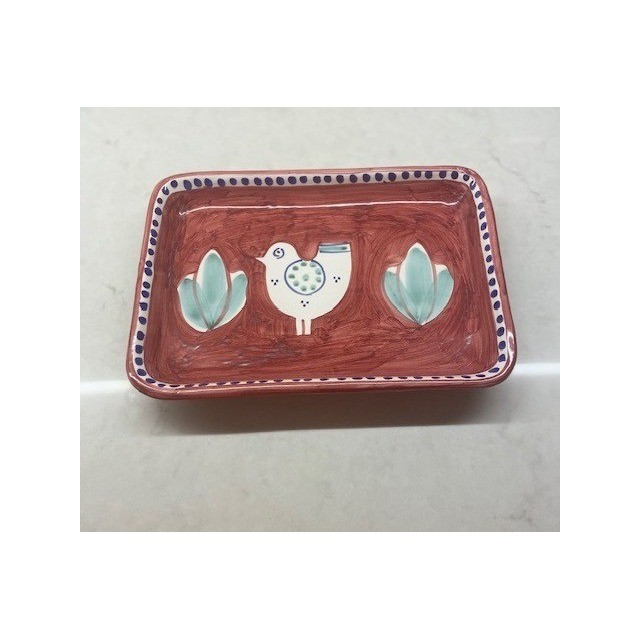 Solimene Vietri Italy Ceramic Bird Tray Hand Painted Rectangular Red 8 Inch