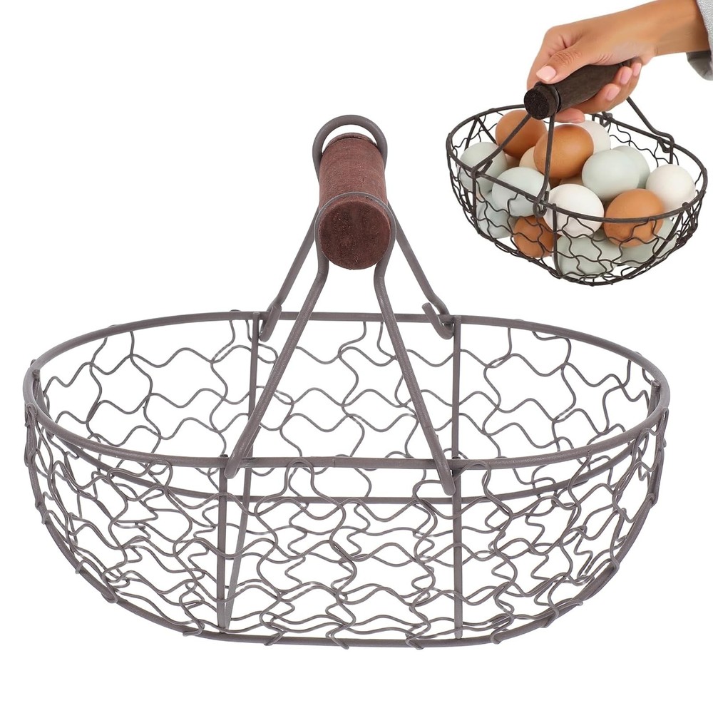 Vintage Metal Wire Egg Basket for Fresh Eggs with Handle Rustic Kitchen Stora...