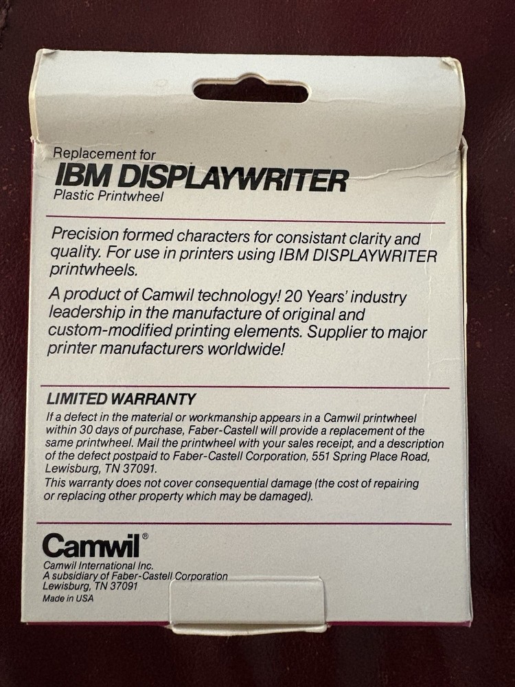 CAMWIL PLASTIC PRINTWHEEL 16501 REPLACEMENT FOR IBM DISPLAYWRITER