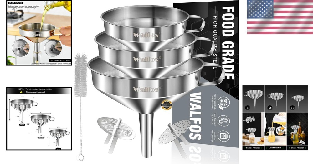Versatile Stainless Steel Funnel Set – 3 Sizes with Strainers for Easy Transfers