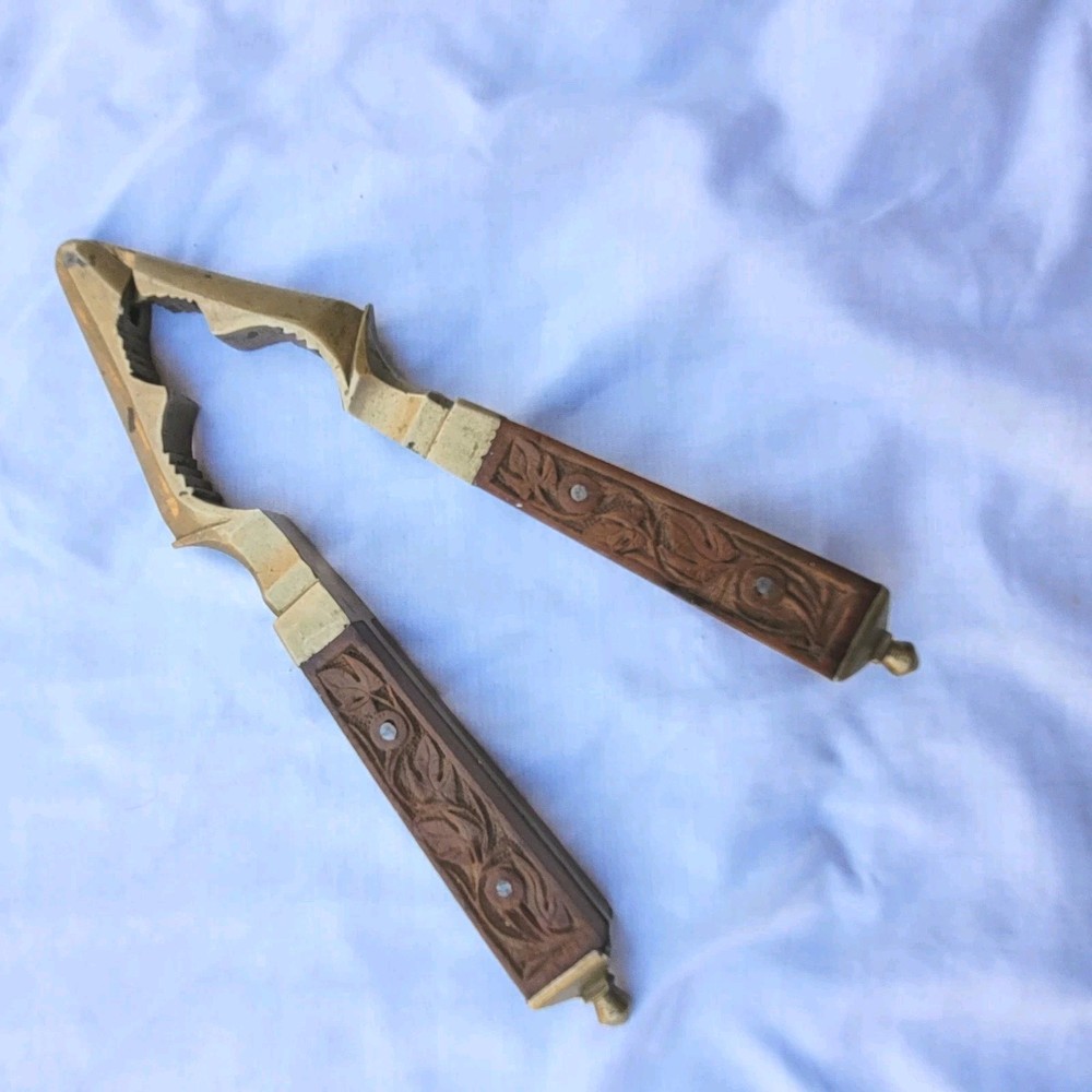 Vintage Solid Brass Ornate Carved Wooden Handle Nutcracker