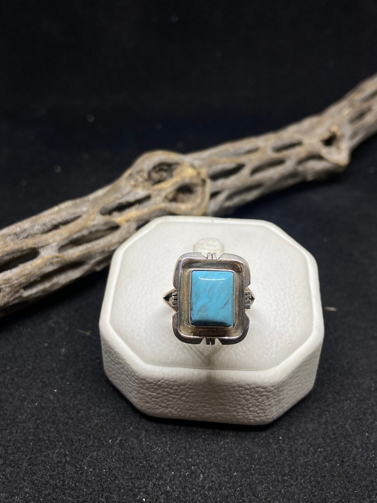 Handmade Native Navajo king man turquoise sterling silver square ring size 5.75