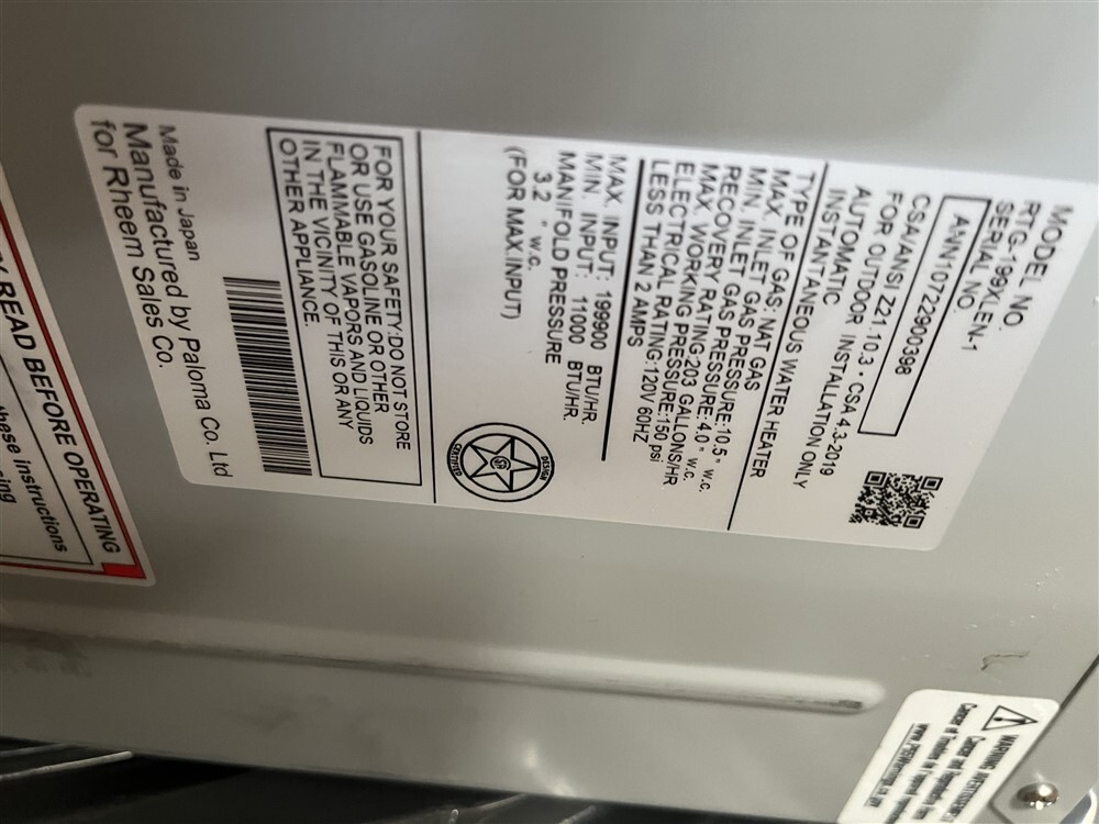 Rheem RTG-199XLEN-1 Natural Gas Tankless Water Heater