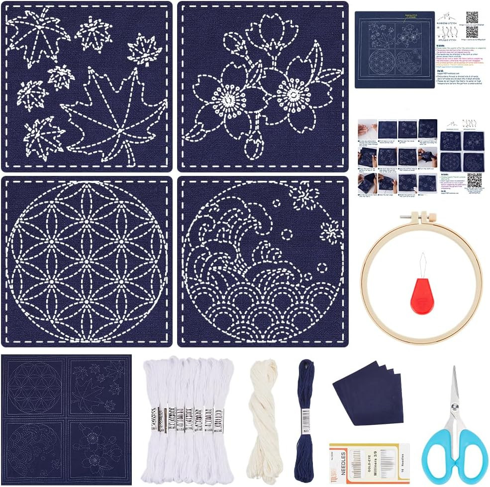 4 Set Sashiko Coasters DIY Kit with Instructions Pre- Printed Sashiko Kit for...