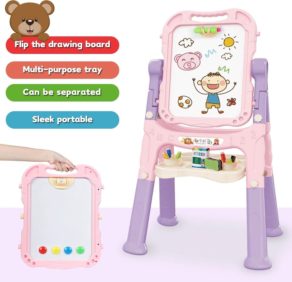 Art Easel for Kids, Adjustable Standing Rotatable Double Sided Easel with Painti
