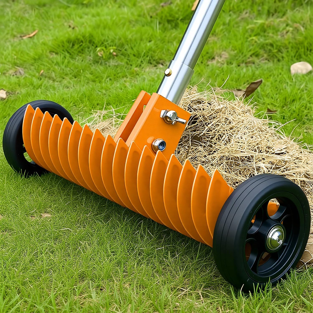 Thatch Rake for Lawn, 15-Inch Dethatcher Rake with Rolls Efficient Steel Metal R