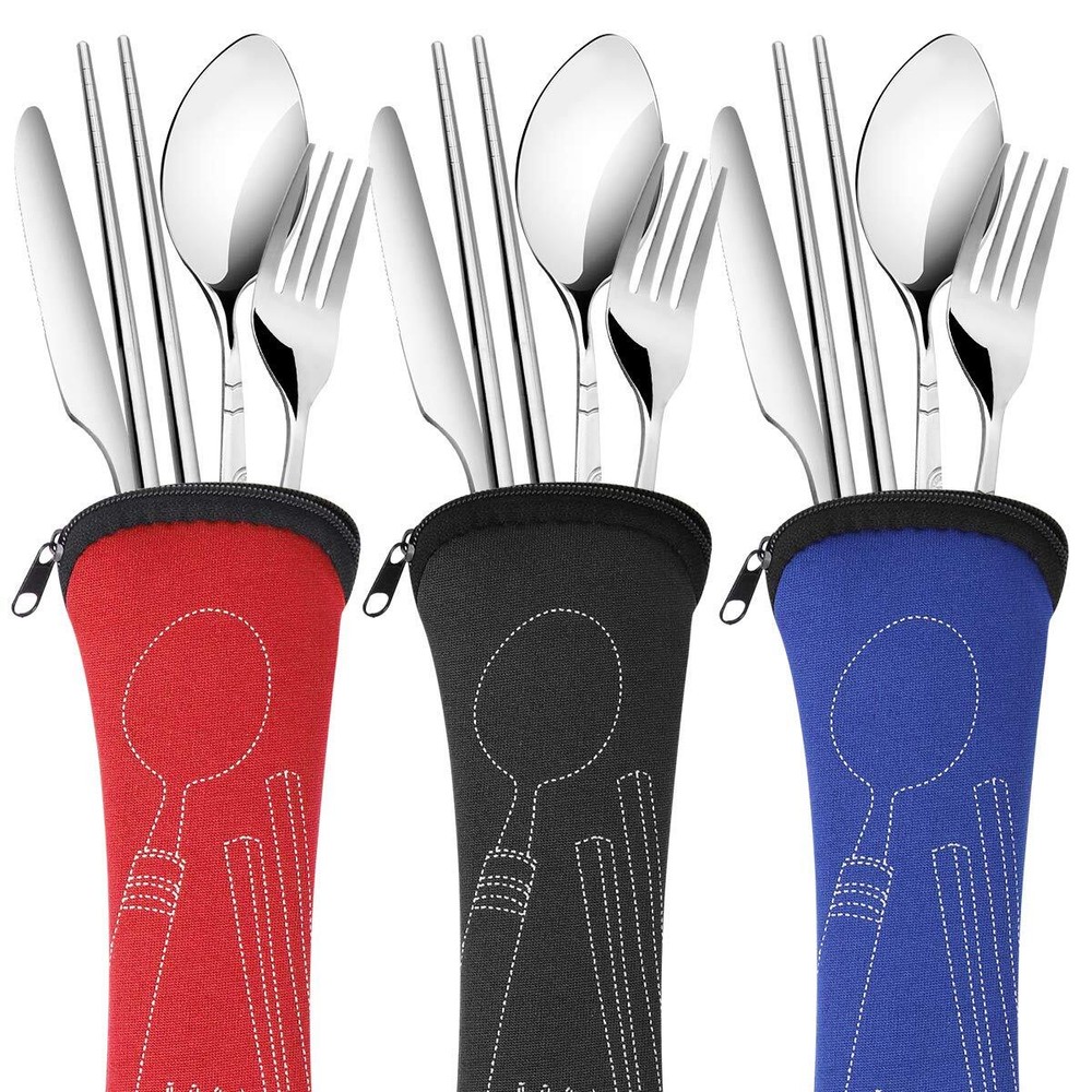 3 Pack Reusable Flatware Sets Knife Fork Spoon Chopsticks 12pcs Portable Travel