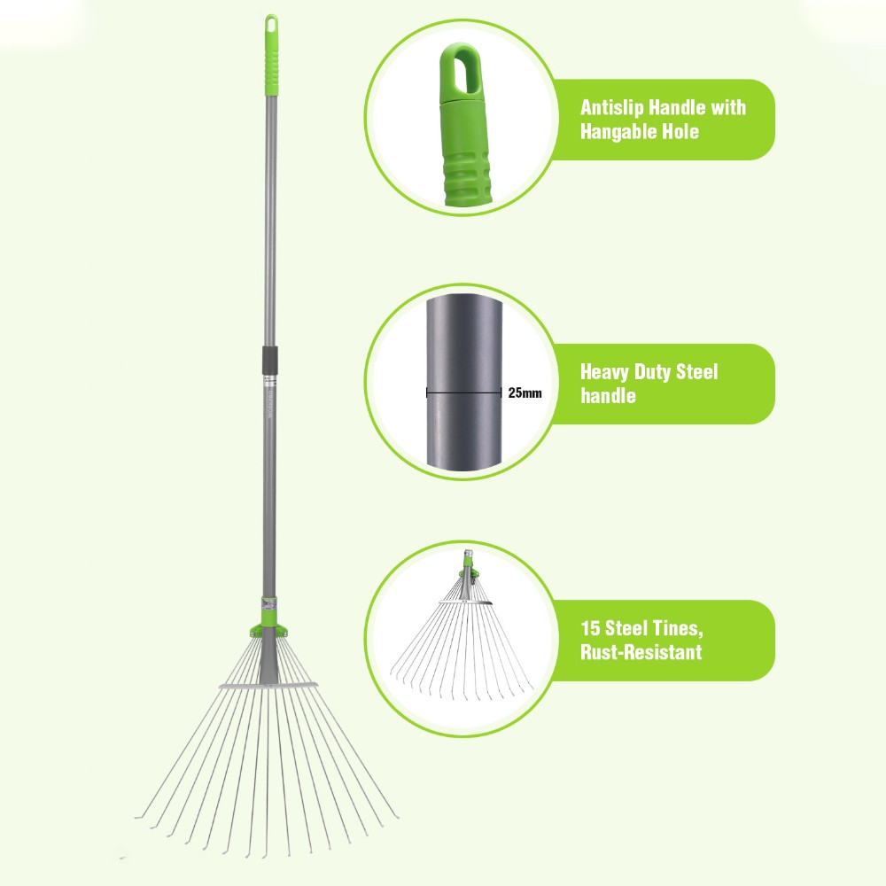 WORKPRO Leaf Rake for Gardening Adjustable Long Handle 32”- 63” Heavy Duty Rakes