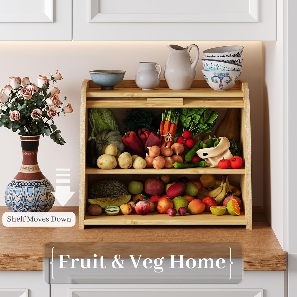 Bread Box for Kitchen Countertop, Bamboo Bread Storage, Double-Layer Roll-Top...