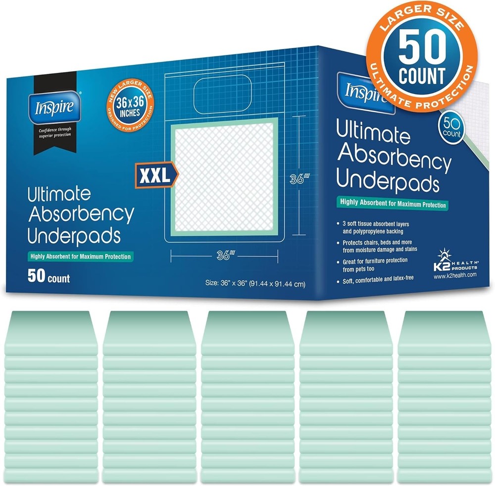 Inspire Ultimate Absorbency Disposable Underpads, 36"x36", (50 Count)