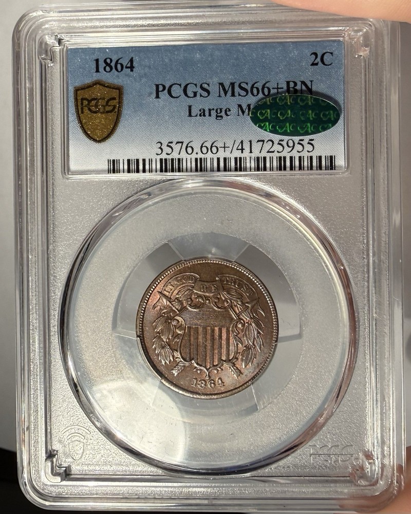 1864 2c PCGS MS 66+ BN CAC Brown Two Cent Piece - Large Motto
