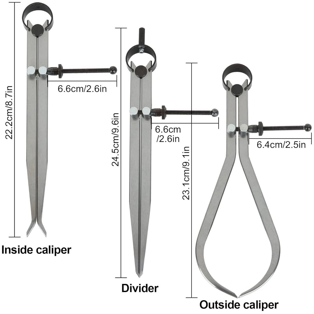 3 Piece Spring Caliper/Divider Set, 8 inches Inside Spring Outside Divider Cal