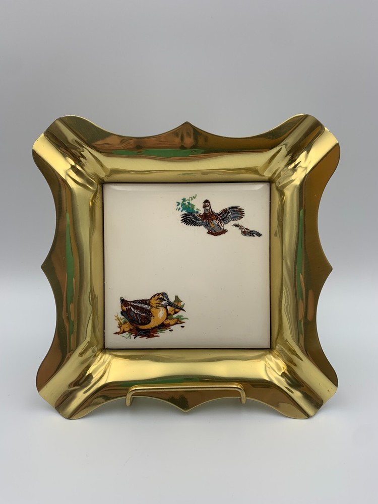 Vintage Solid Brass by Blake Wall Plaque Handpainted Tile with Birds