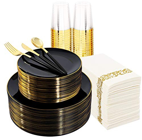 350pcs Black Plastic Dinnerware 350pcs Black and Gold Plastic Dinnerware Set