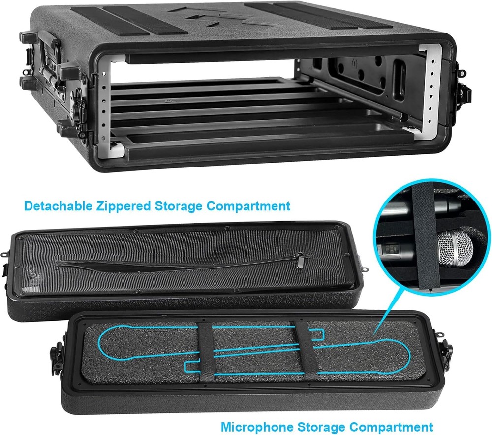 2U Rack Case 16" Depth, 19" Rackmount Flight Case with Microphone Compartments