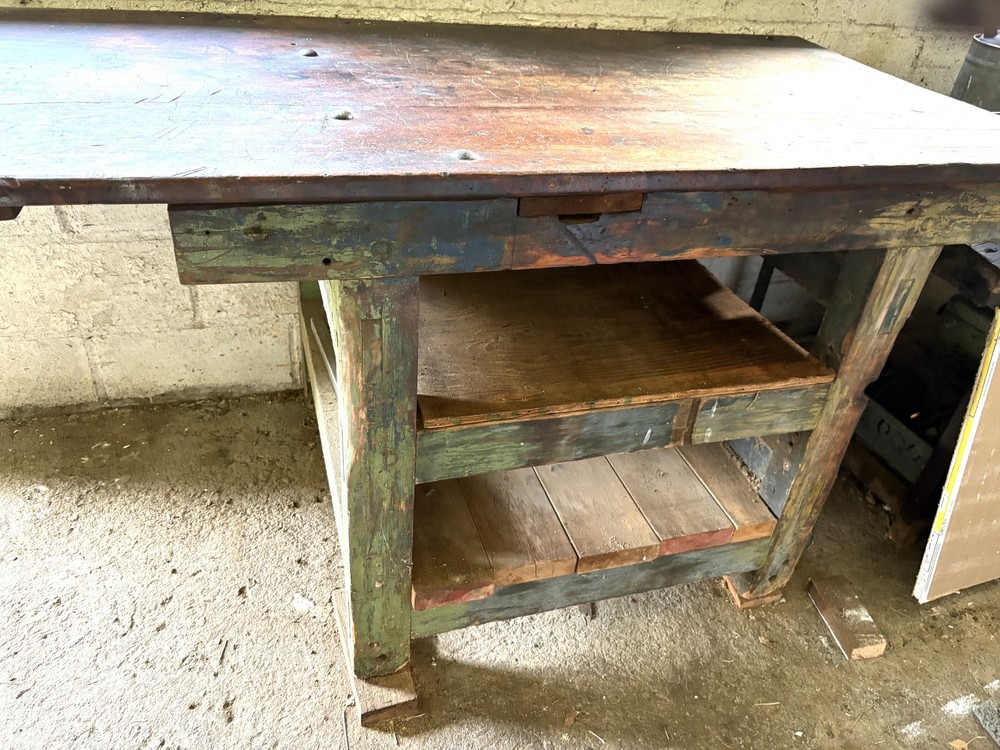 Carpenter /Mechanic work bench/table. Vintage, solid wood. 63" l