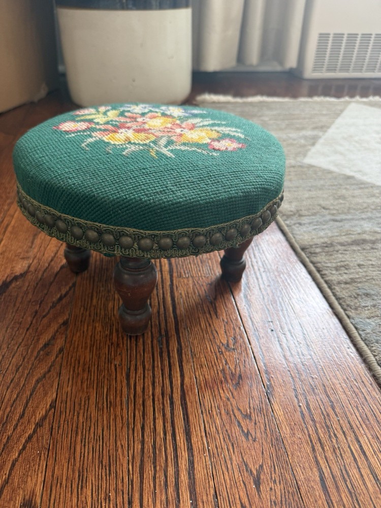 Antique Needlepoint Round Footstool with Floral Pattern
