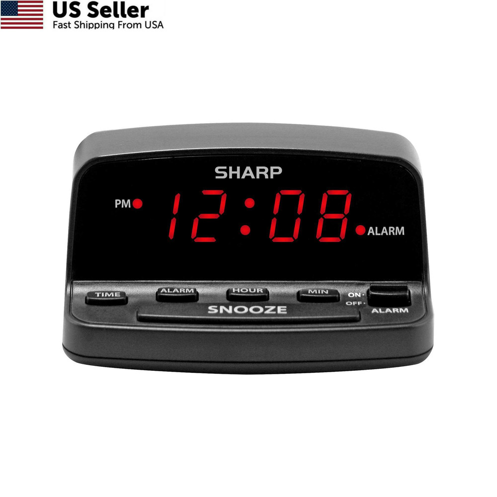 Sharp Digital Alarm Clock Keyboard Controls Red LED Display Battery Backup Black