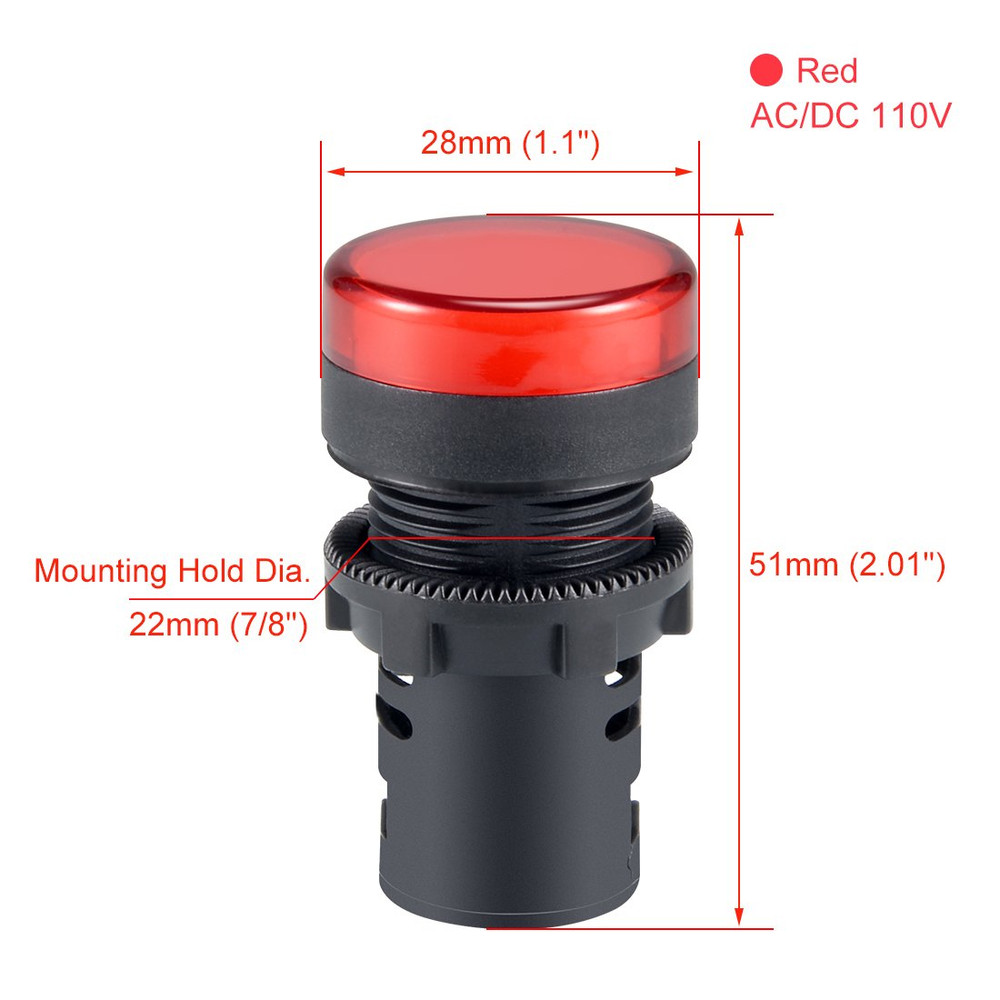 2Pcs Red Indicator Light AC/DC 110V, 22Mm Panel Mount, for Control Panel, HVAC,