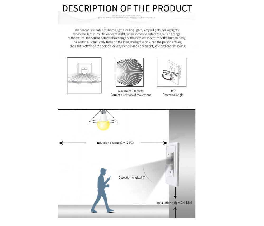 Auto On/Off Sensor Switch Motion Infrared PIR Occupancy Vacancy Wall Light Lamp