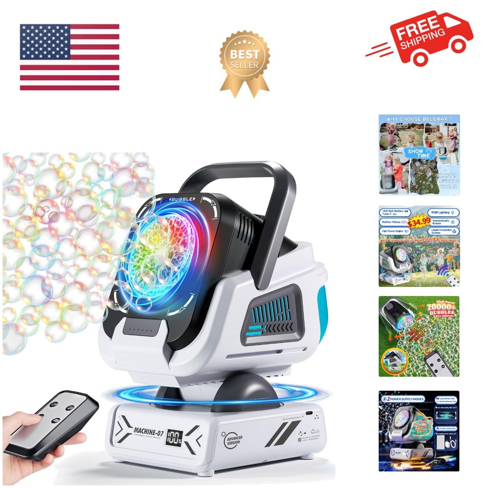 Upgraded Bubble Machine with Remote Control, Automatic Rotation & RGB Lights,...