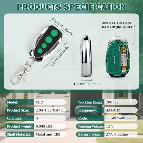 4 PCS M12 Gate Remote Control Transmitter 433.92 MHz Garage Door Remote for