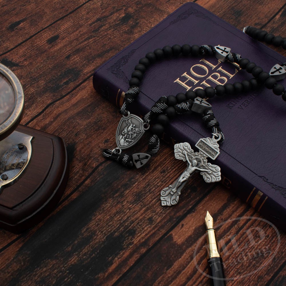 Saint St Michael Black Rosary Necklace – Large Paracord Wood Beads Design 26"