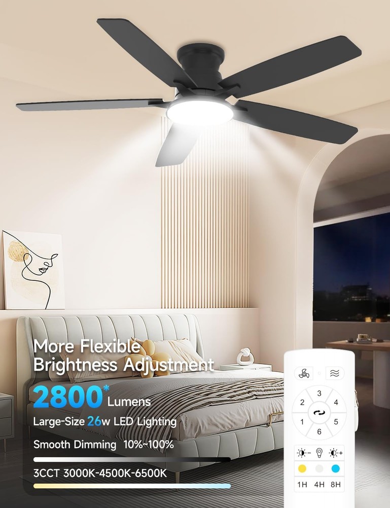 Flush Mount Ceiling Fan with Light, 52 Inch, Remote Control, 3CCT Dimmable LE...