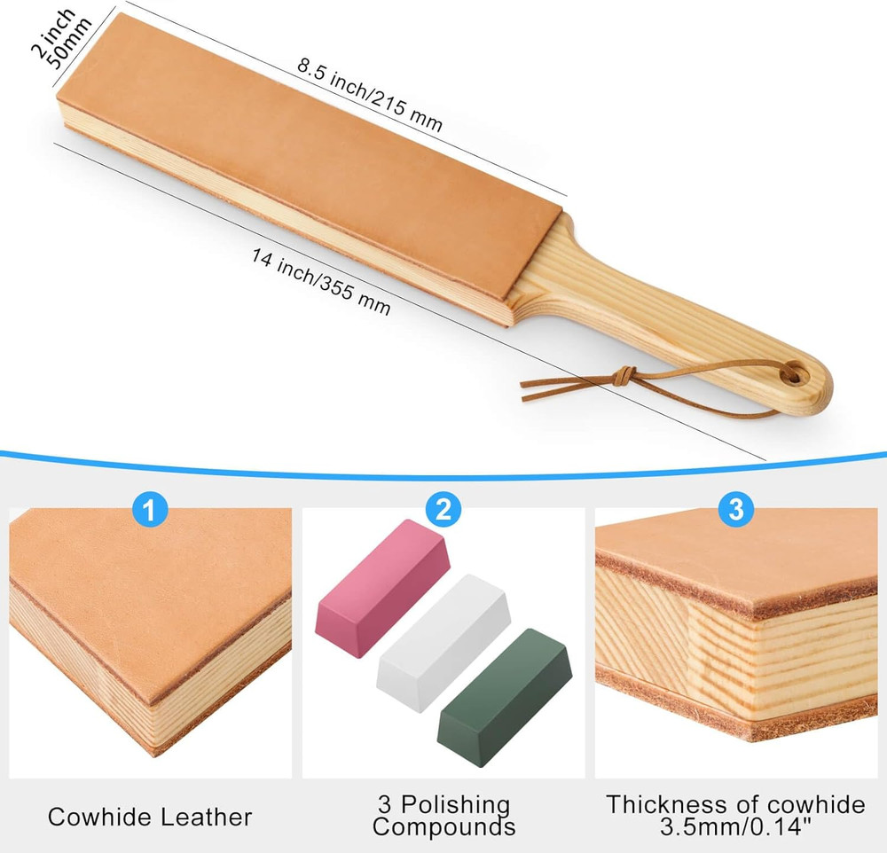 ANGERSTONE Double Side Leather Strop for Knife Sharpening - 14"X 2" Stropping Bl