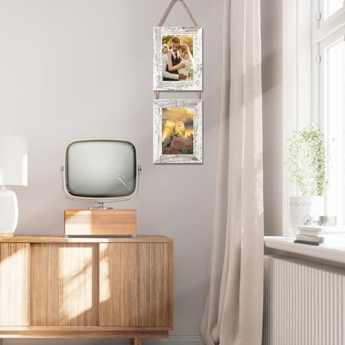 Wall Hanging Picture Frames Collage with 2 Opening Frames 5x7 Rustic White