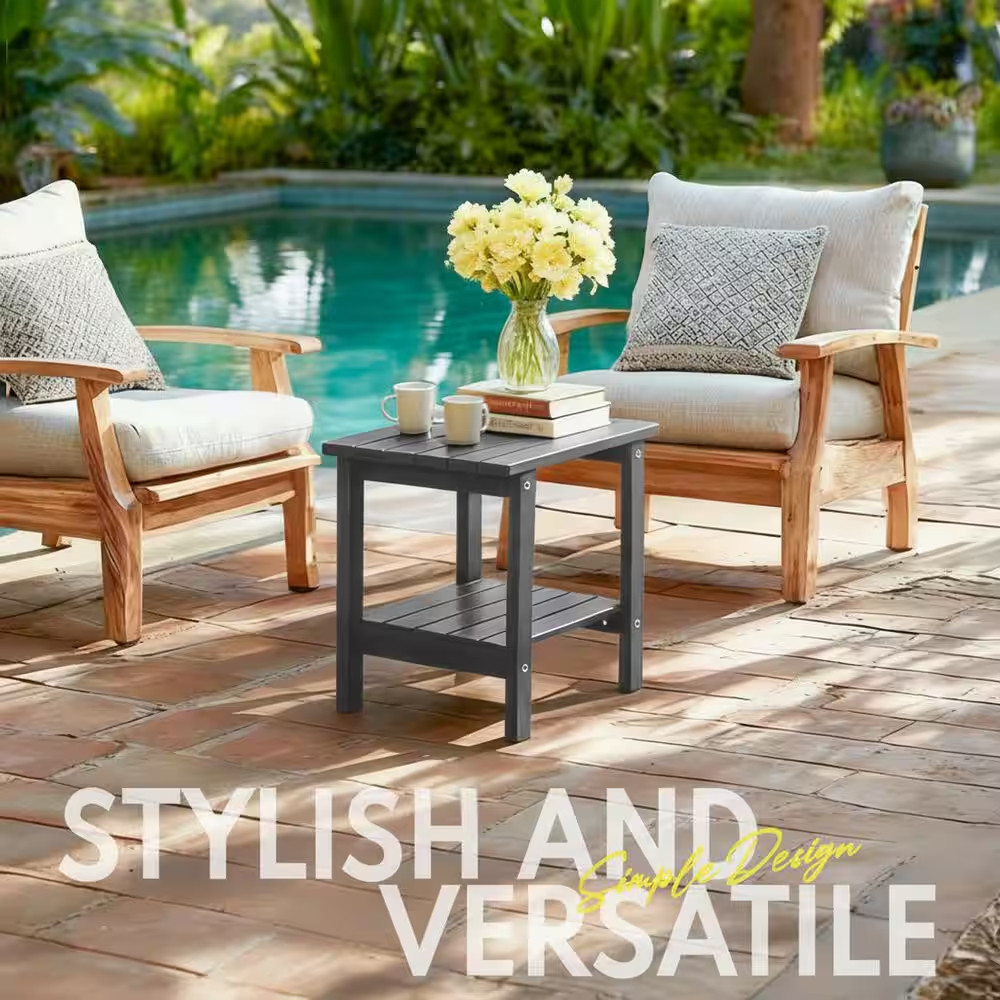 17 In. Grey Rectangular Patio Outdoor Side Table with Storage