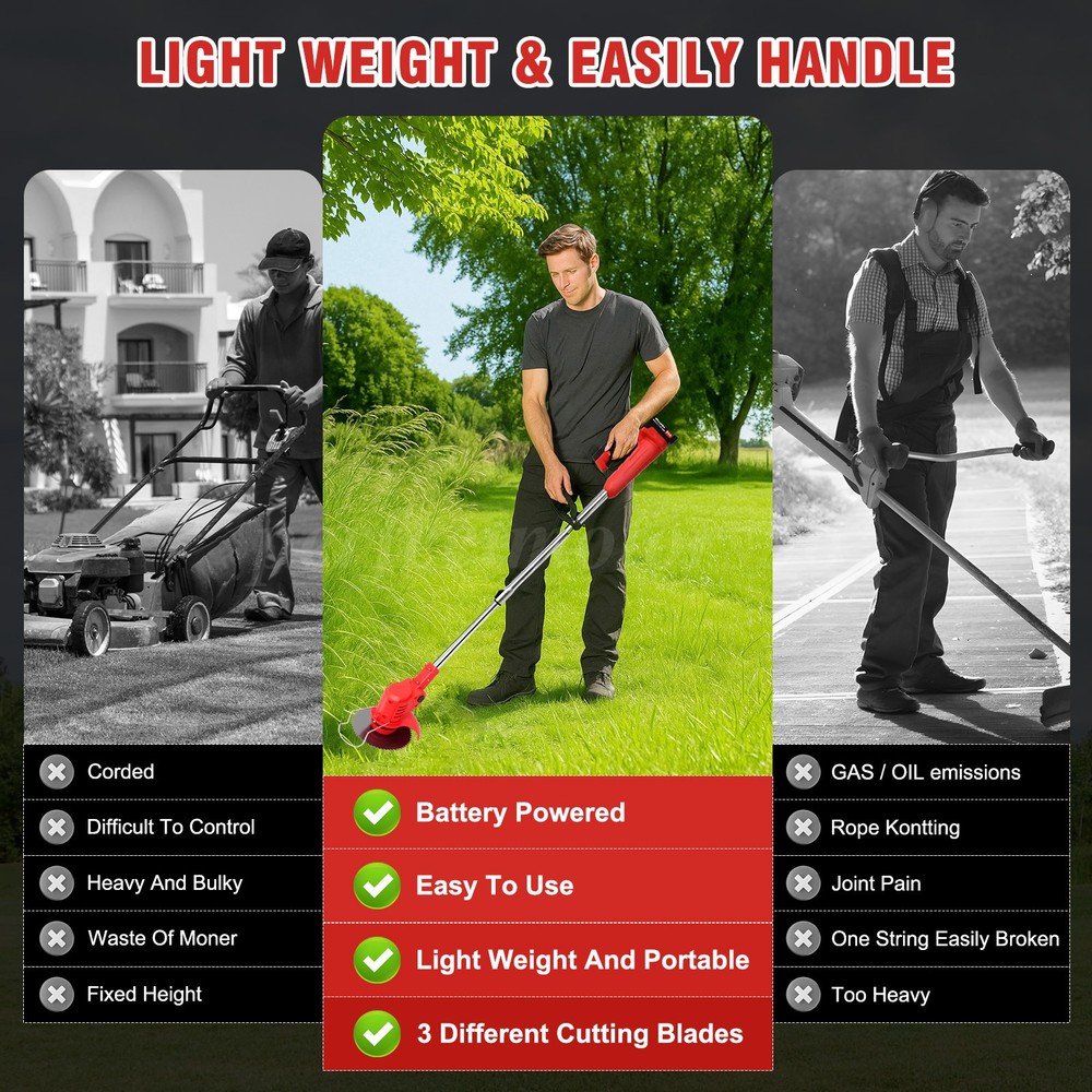 Electric Cordless Grass String Trimmer Lawn Edger Weed Wacker Cutter + 2 Battery