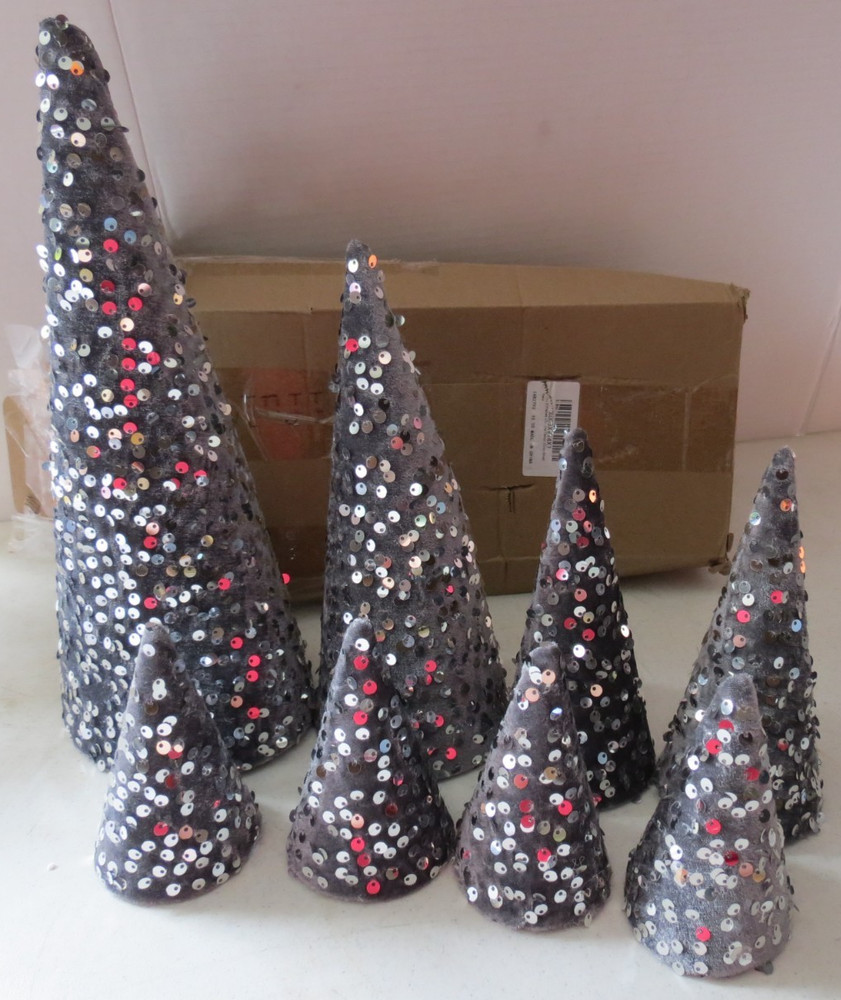 Blue Gray 8pc Sequence Table Decor Christmas Cone Trees