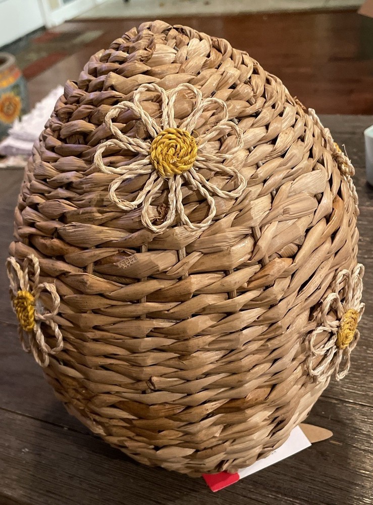 Large Woven Easter Egg with Floral Detailing Spring Decor Twine Daisies NWT