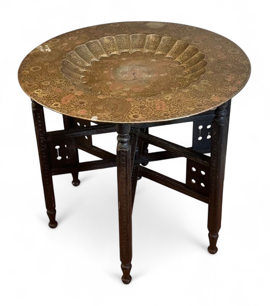 Vintage Anglo Indian Brass Tray Table Peacock Engraved Folding Side Table Decor