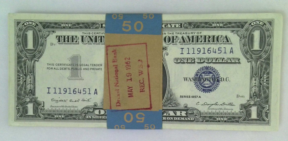 1957 $1 Silver Certificate Notes UNC 49 Consecutive Notes With Orig Bank Strap