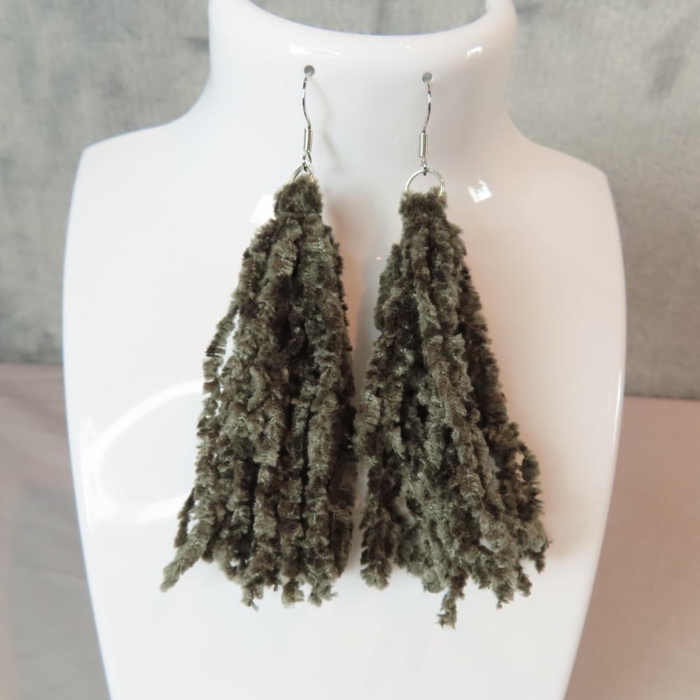 Pemby Studio Gray Chenille Tassel Dangle Earrings Silver Tone Statement Artisan