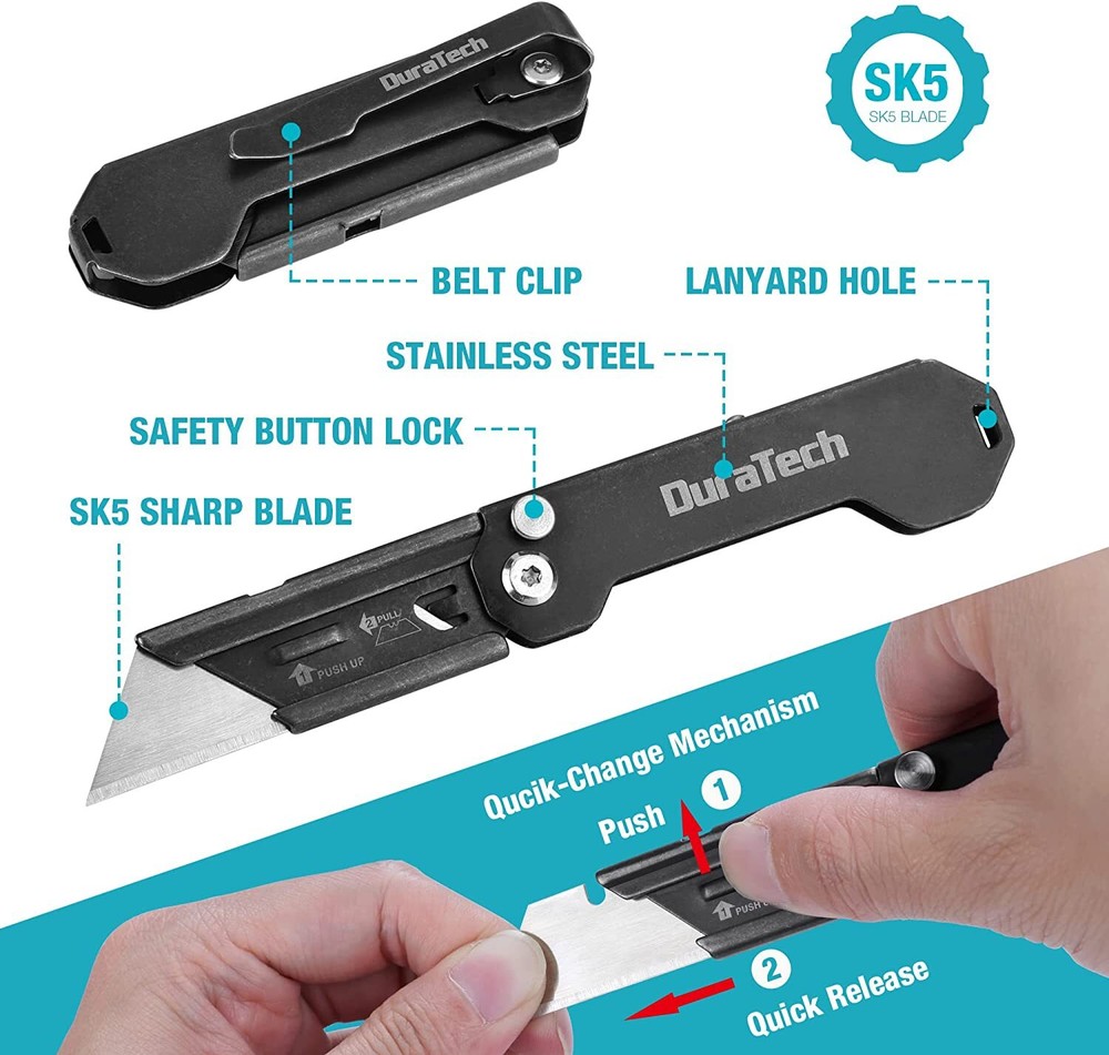 DURATECH Folding Pocket Utility Knife Set 2-Pack Stone Washed Quick Change Blade