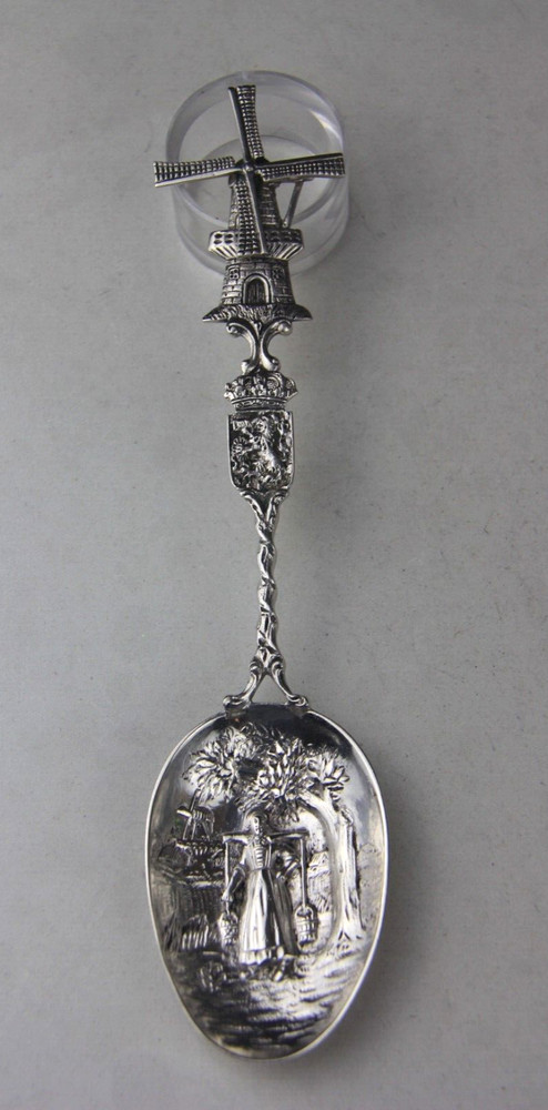 Antique Dutch Silver Spoon w/ Windmill Handle & Embossed Bowl