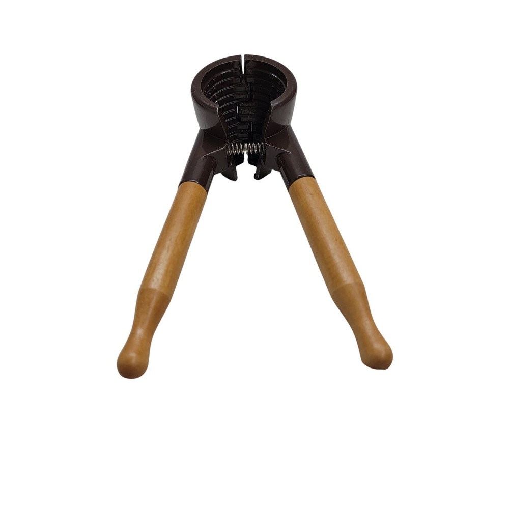Vintage Mid Century Nutcracker Brown Metal Spring Action Wood Handle Cracker