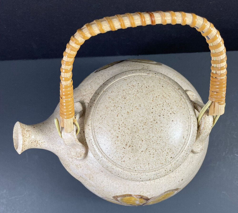 Floral Teapot w/ Bamboo Handle Studio Pottery Tan Brown Signed Rustic Handmade