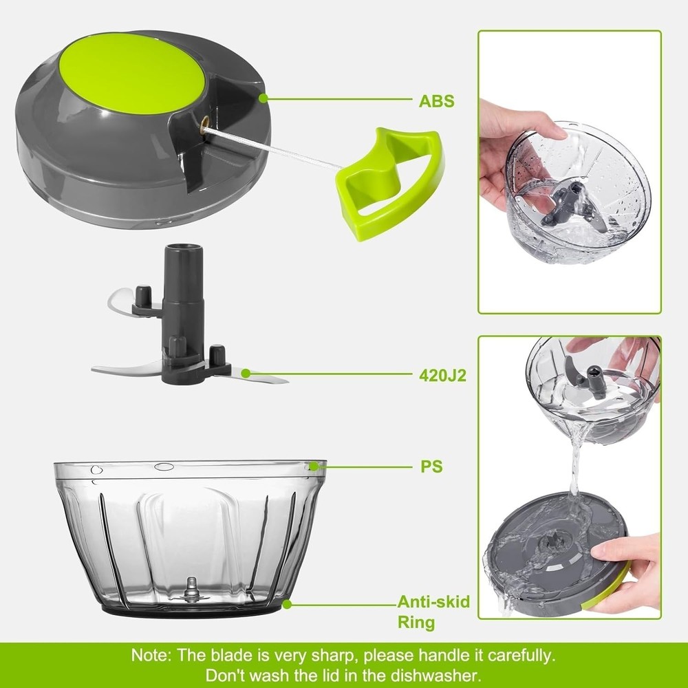 Manual Food Processor Vegetable Chopper 500ml – Hand Pull String Garlic Mincer,