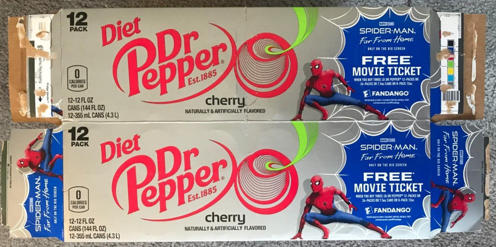 EMPTY Diet Cherry Dr Pepper Spider-Man Far From Home Offer 12 Pack Box FLAT 2019